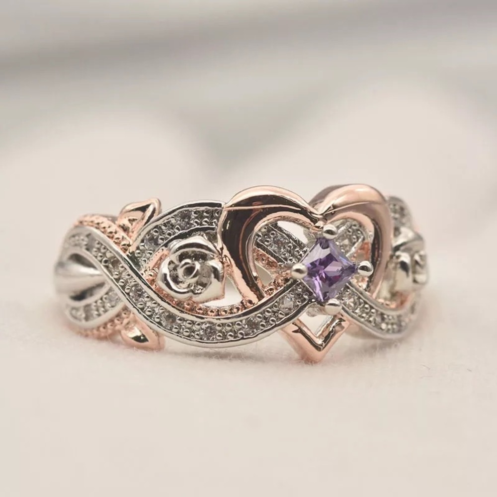 New Women’s Two Tone Rose Gold Plated Amethyst Ring